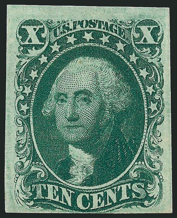10c Green, Ty. III (15).> Original gum, lightly hinged, three large margins, barely touching at bottom, incredibly fresh, stitch watermark variety, Fine, with 2005 P.S.E. certificate