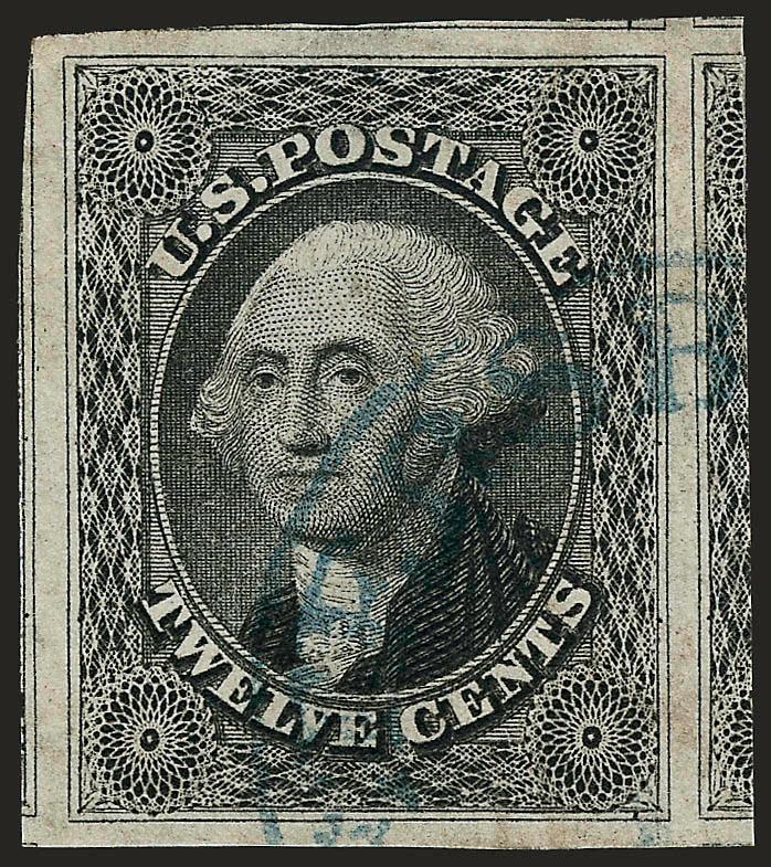 12c Black (17).> Enormous margins all around incl. part of four adjoining stamps, bright shade, crisp impression, light strike of <blue circular datestamp><><>^EXTREMELY FINE GEM. A SUPERB USED EXAMPLE OF THE
12-CENT 1851 ISSUE, WHICH HAS BEEN GRAD
