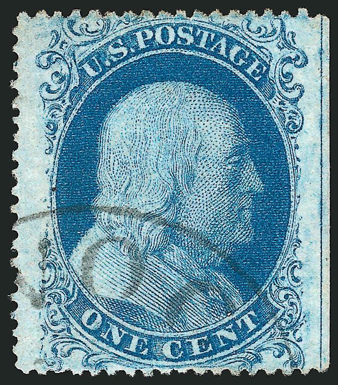 1c Blue, Ty. I, II (18, 20).> Right and left straddle-pane margins respectively, both incredibly well-centered, the Ty. I especially so with unusually wide margins, circular datestamp and grid cancels, couple
trivial perf problems, otherwise Extremel