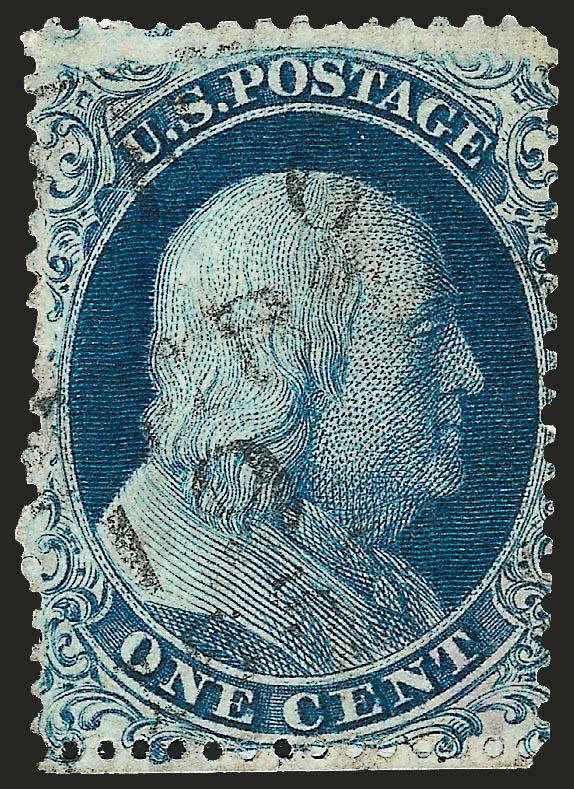 1c Blue, Ty. Ia (19).> Plate 4, bottom row left pane, with bottom selvage which preserves the full plumes at bottom, deep rich color, light circular datestamp, reperfed at right (reduces width of stamp by
approximately 1mm), reasonably nice looking e
