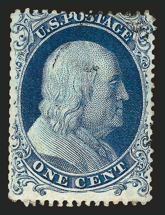 1c Blue, Ty. Ia (19).> Centered to top and showing the full design at bottom (the defining characteristic of the type), rich color, light strike of circular datestamp, reperfed at left, Fine appearance, a
suitable representative example of this scarc