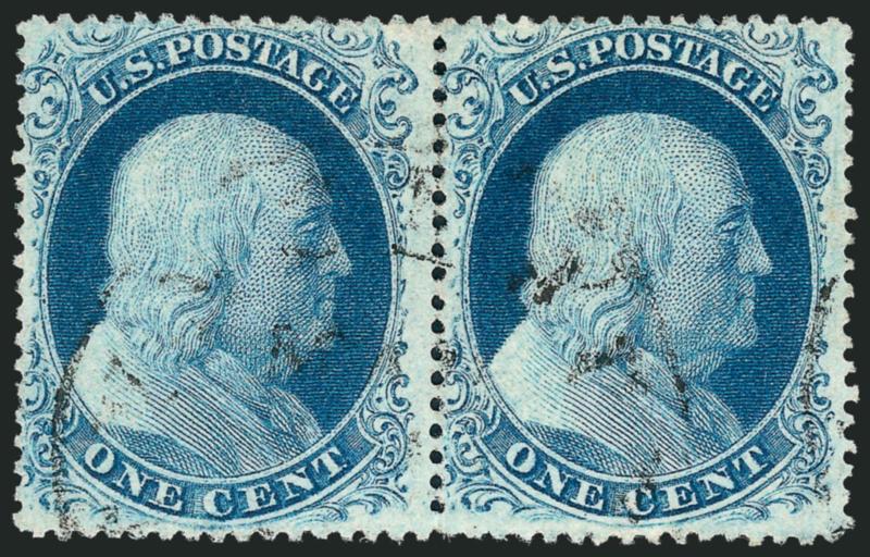 1c Blue, Ty. II (20).> Horizontal pair from Plate 12, nice centering, rich color and light circular datestamp, Very Fine, with 2004 P.S.E. certificate