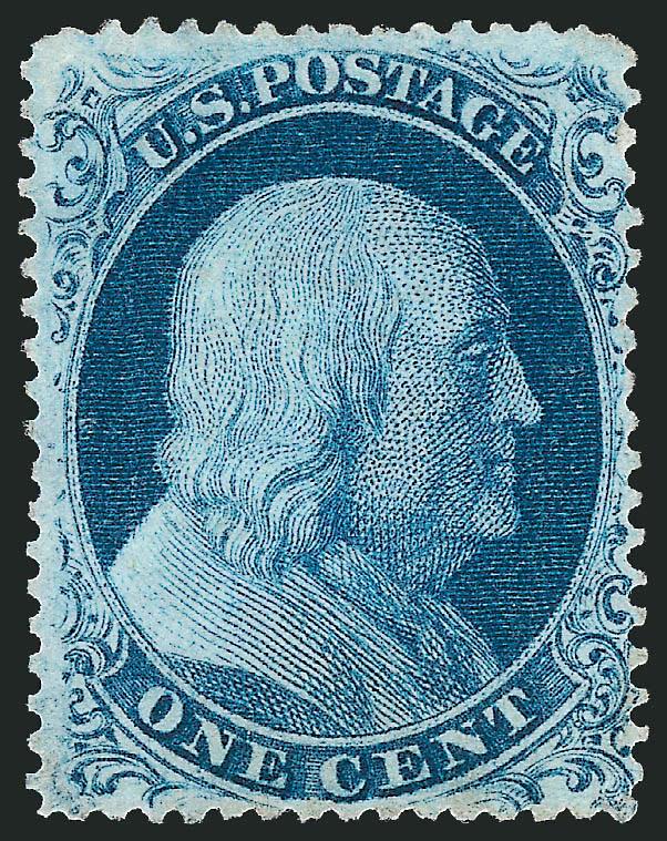 1c Blue, Ty. III (21).> Plate 4, unused (no gum), exceptionally choice centering with perforations clear of design at top and bottom, bright color, tiny thin spot at right<><>^EXTREMELY FINE APPEARANCE.
CERTAINLY ONE OF THE BEST-CENTERED UNUSED EXA