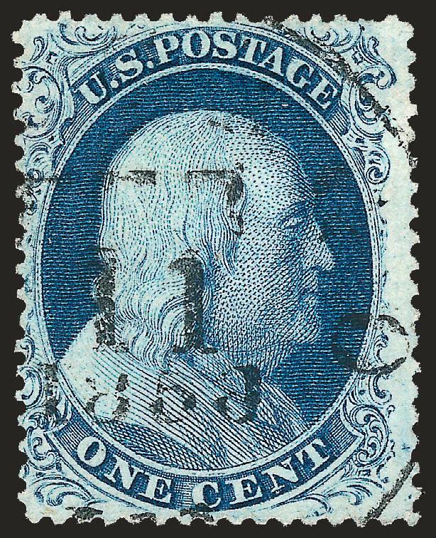 1c Blue, Ty. III (21).> Bright shade, neat strike of 1859 circular datestamp, single short perf at top right with tiny perf tip this described on accompanying certificate as a small corner crease, appears Fine,
with 1985 P.F. certificate