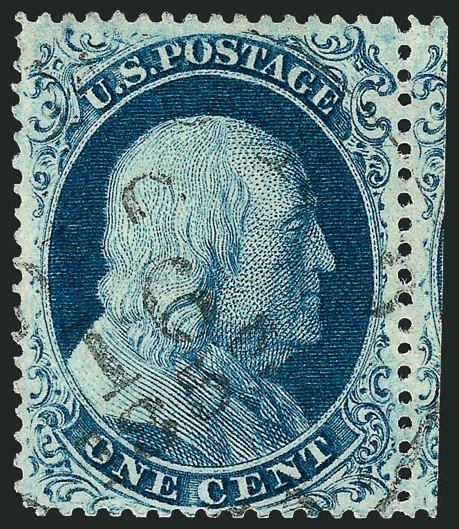 1c Blue, Ty. IIIa (22).> Plate 4, remarkably well-centered with part of the adjoining stamp at right attached, beautiful deep rich color, neat 1857 circular datestamp, Very Fine and choice, with 2008 P.S.E.
certificate (VF-XF 85 SMQ $930.00)