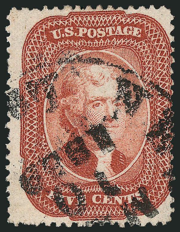 5c Brick Red (27).> Bright color, 1859 New Orleans circular datestamp, perfs slightly in at right, about Fine, with 2002 P.S.E. certificate