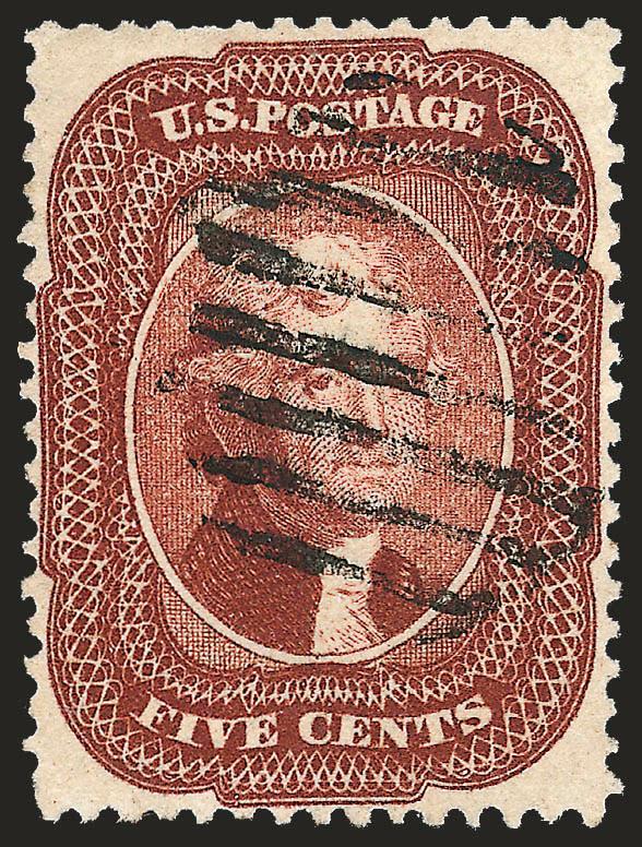 5c Red Brown (28).> Deep rich color which is very warm and which could be a sub-shade, choice centering for this difficult issue, neat strike of grid cancel, single slightly nibbed perf at top, otherwise Very
Fine, a pretty stamp