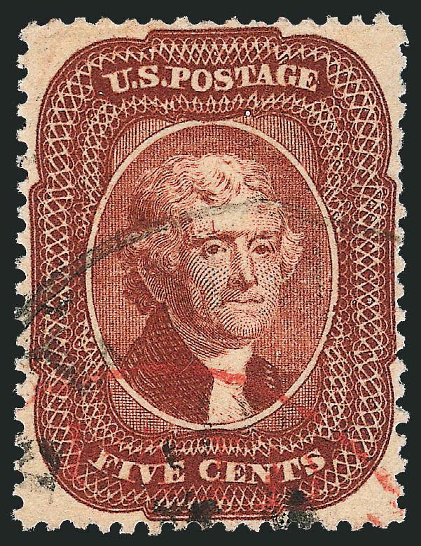 5c Bright Red Brown (28b).> Very nicely centered with perforations clear of design all around, lovely color, light black and red circular datestamps, Extremely Fine, with 2008 P.S.E. certificate (VF-XF 85 SMQ
$2,450.00)