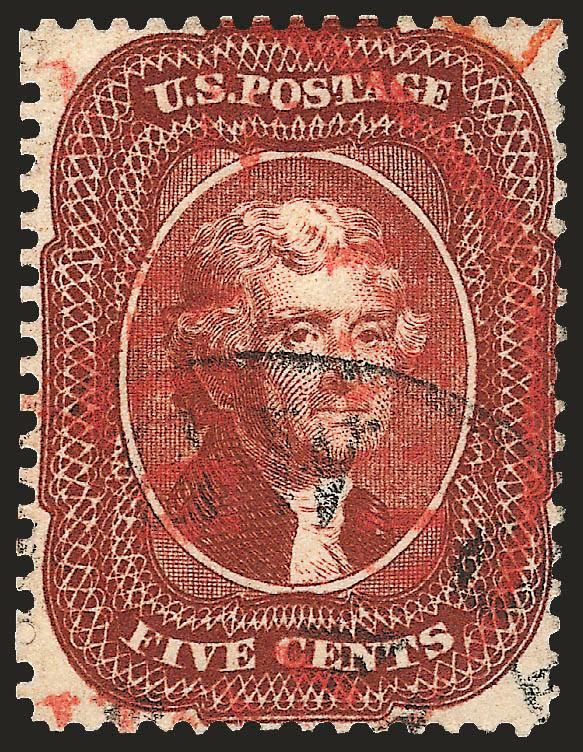 5c Indian Red (28A).> Nice centering, absolutely gorgeous color with light black and red circular datestamps, reperfed at top, Fine appearance