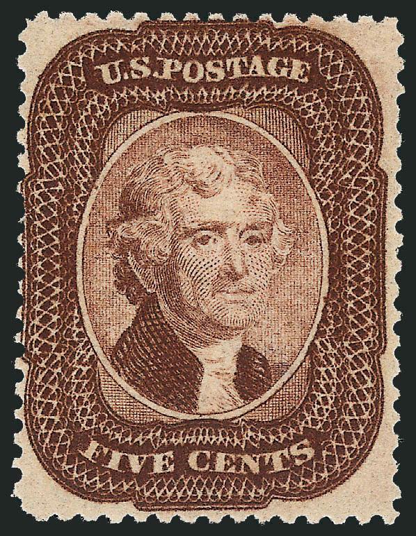 5c Brown (29).> Original gum, lightly hinged, much better than usual centering for this tightly-spaced value, wonderful deep rich color, Fine and exceptionally attractive, with 1992 P.F. certificate