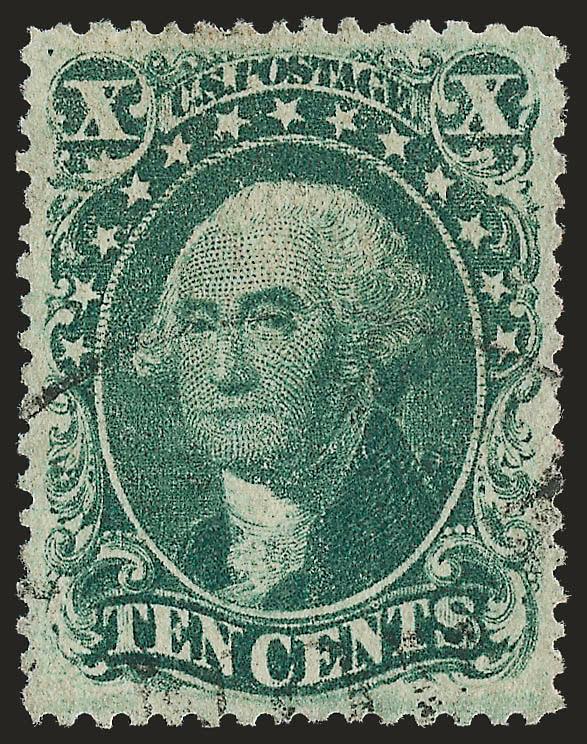 10c Green, Ty. II (32).> Incredibly well-centered with wide margins clear of design on all four sides, rich color, light circular datestamp, Extremely Fine Gem, a remarkable stamp which in our opinion should
qualify for the grade of 98, with 2005 P.S