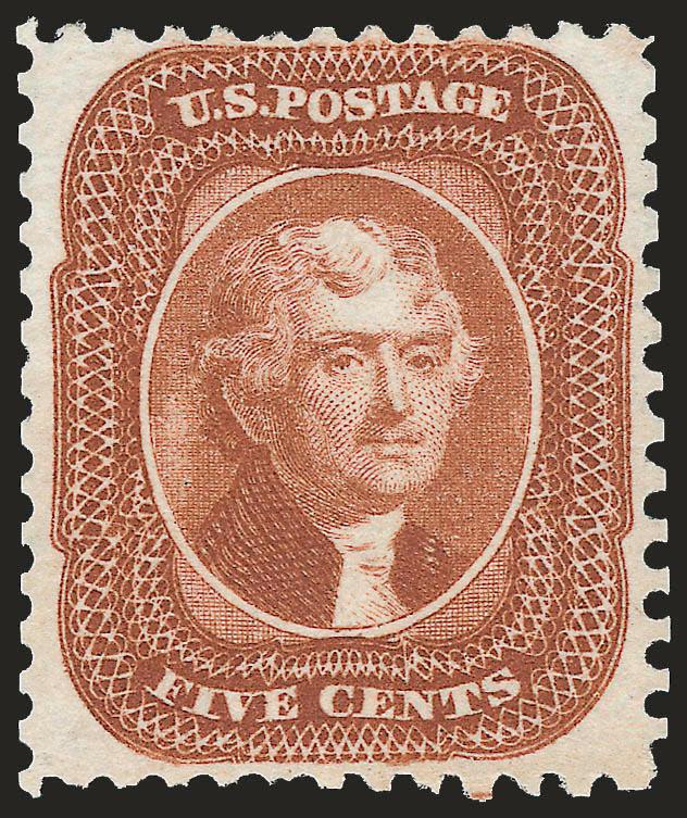 5c Orange Brown, Reprint (42).> Without gum as issued, radiant color on bright paper, almost perfectly centered with wide margins for this difficult issue, Very Fine, with 1988 and 2004 P.F. certificates