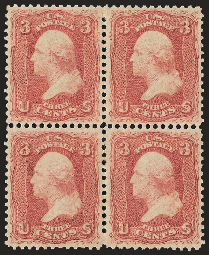 3c Rose (65). Mint N.H.> block of four, beautifully centered and with gorgeous color, exceptionally fresh, Extremely Fine, Scott Retail as hinged block of four