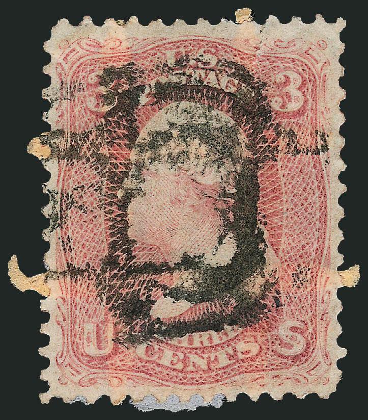 3c Rose (65).> Bright color and nicely centered, unusual cork cancel, the back of the stamp has the <intact latticework from a Leeds Patent Envelope,> Very Fine