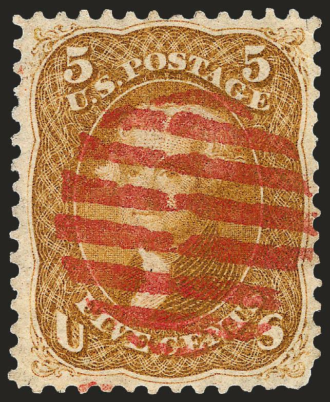 5c Buff (67).> Pretty shade nicely complemented by <red grid> cancel, few small flaws incl. corner crease at bottom left, tiny tear at top and short perf at bottom right, otherwise Fine