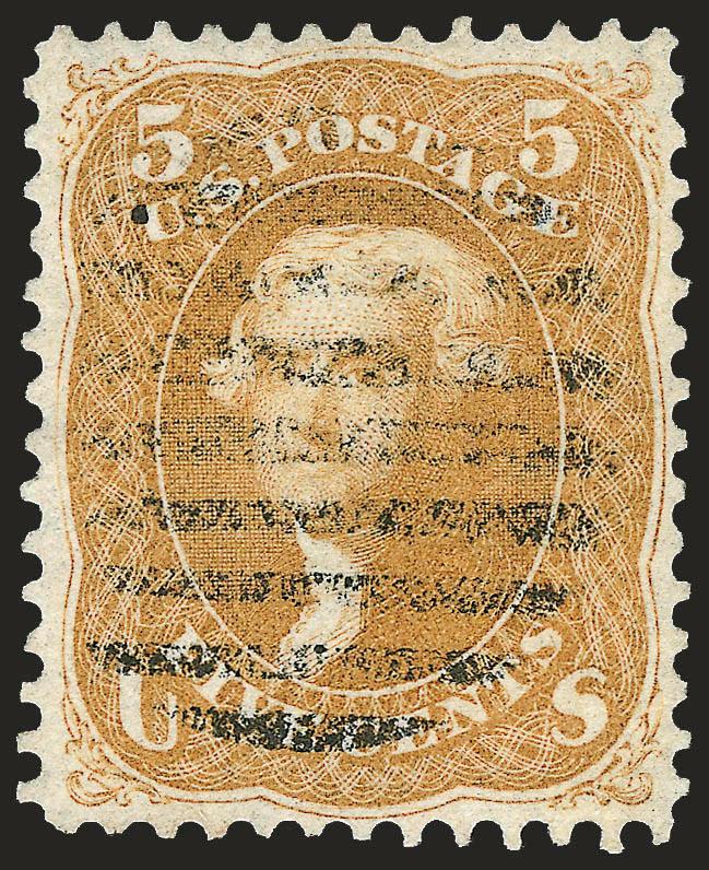 5c Brown Yellow (67a).> Essentially perfectly centered with margins clear of design all around, lovely bright color with a light oval grid cancel<><>^EXTREMELY FINE. A PARTICULARLY CHOICE USED EXAMPLE OF THE
1861-66 5-CENT BROWN YELLOW SHADE.^<><