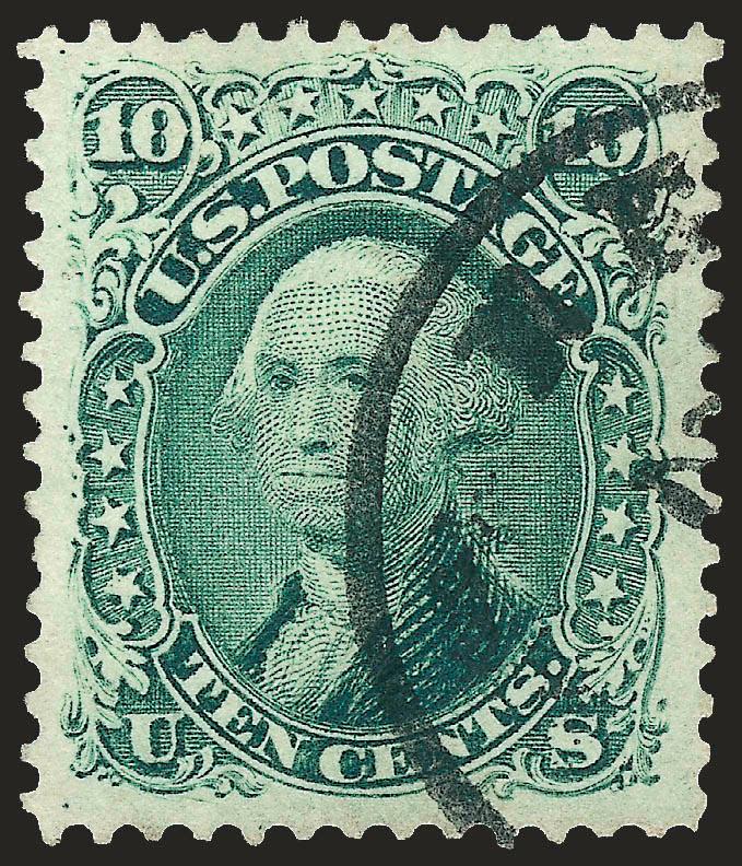 10c Yellow Green (68).> Uncommonly wide Jumbo margins and practically perfect centering, lovely color and bold circular datestamp, Extremely Fine Gem, certainly one of the widest-margined centered used examples
of this stamp we have ever encountered,