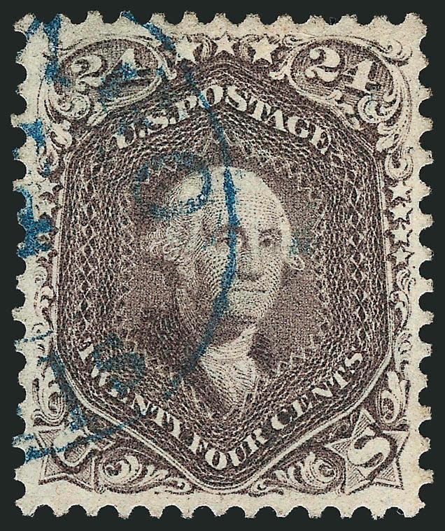 24c Red Lilac (70).> Phenomenal dark rich shade and early impression, clear strike of <blue Chicago Ills. double-circle datestamp,> essentially perfect centering with wide balanced margins all
around<><>^EXTREMELY FINE GEM. A MAGNIFICENT EXAMPLE