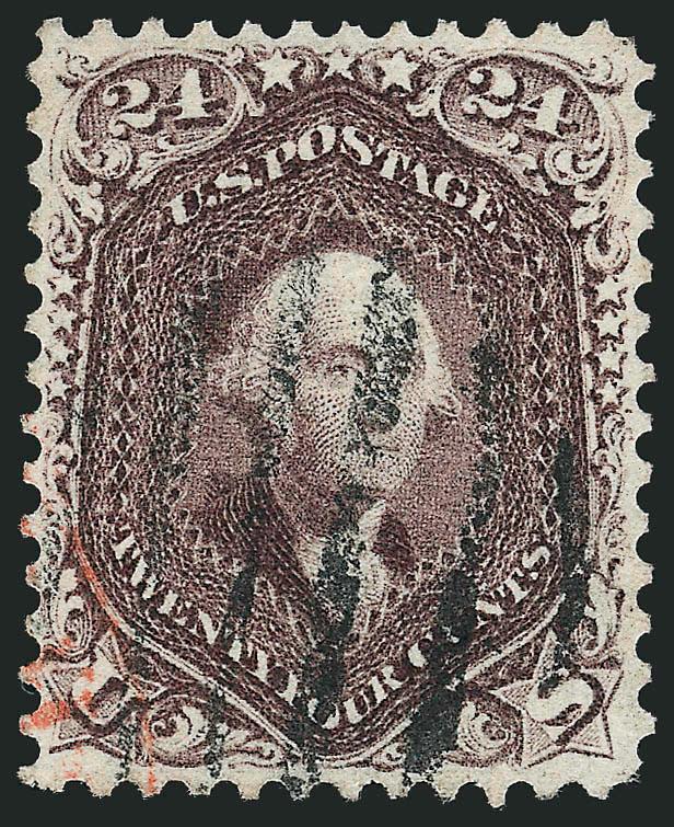 24c Red Lilac (70).> Attractively centered and wonderful color, neat rimless grid cancel and bit of red transit at bottom left, Very Fine and choice, with 2002 and 2008 P.F. certificates (VF-XF 85 SMQ
$700.00)