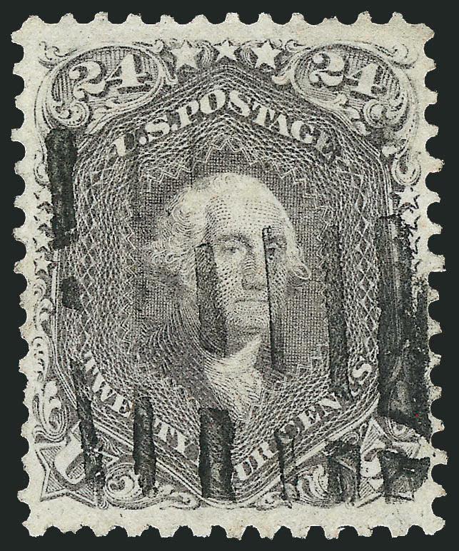 24c Brown Lilac (70a).> Choice margins and unusually well-centered, lovely color, neat interrupted bars grid cancel, Extremely Fine, with 2008 P.S.E. certificate (XF 90 SMQ $800.00)