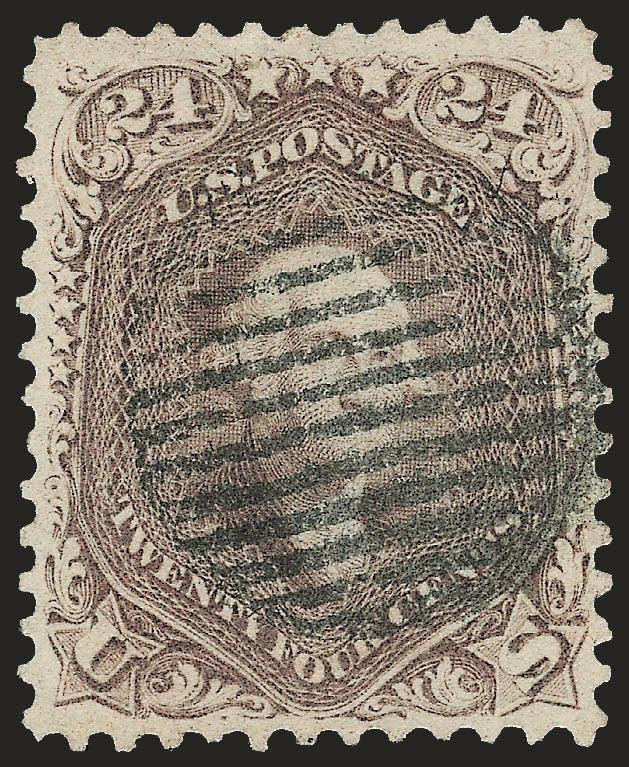 24c Brown Lilac (70a).> Lovely margins and centering, fresh color, 10-bar grid cancel, Very Fine and choice, with 1996 and 2008 P.F. certificates