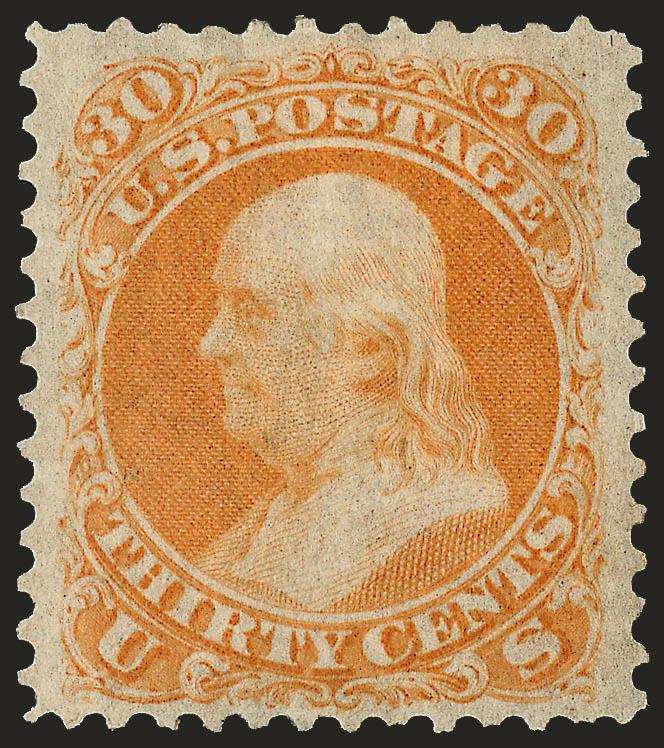 30c Orange (71).> Original gum, bright color and beautiful Jumbo margins, almost perfectly centered<><>^EXTREMELY FINE. AN OUTSTANDING ORIGINAL-GUM EXAMPLE OF THE 30-CENT ORANGE 1861 ISSUE, WHICH HAS BEEN
GRADED XF 90 JUMBO BY P.S.E. -- THIS IS THE