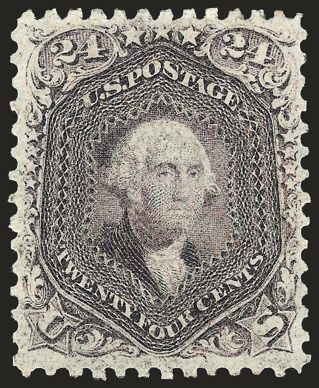 24c Lilac (78).> Original gum, light hinging, exceptional centering and truly outstanding color<><>^EXTREMELY FINE. THE 24-CENT 1861-63 ISSUE IS VERY RARE IN SOUND AND WELL-CENTERED ORIGINAL-GUM CONDITION. A
FAR GREATER CHALLENGE TO ACQUIRE IN THIS