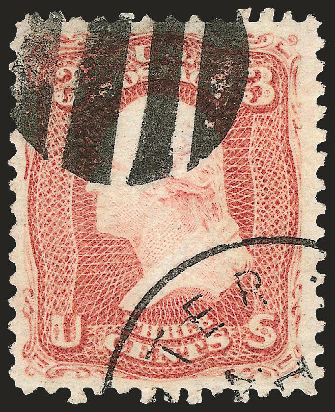 3c Rose, D. Grill (85).> Exceptional margins and well-centered for a 3c D Grill, fresh color, bold four-bar grid and neat corner circular datestamp, Very Fine
