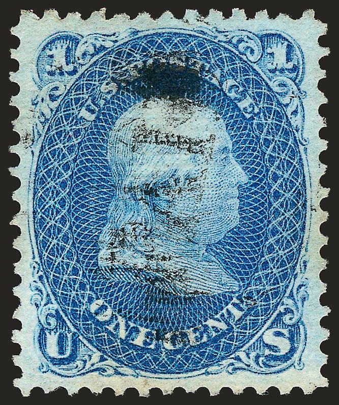 1c Blue, E. Grill (86).> Perfectly centered with wide and well-balanced margins, brilliant color on bright paper, light strike of <Paid> cancel leaves design clearly visible, strong grill
impression<><>^EXTREMELY FINE GEM. THE 1868 ONE-CENT E GRI