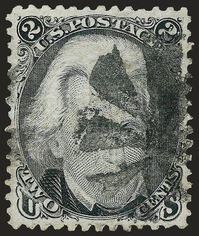 2c Black, E. Grill (87).> Choice centering with wide and balanced margins, bright shade and crisp impression, bold strike of circle of wedges cancel<><>^EXTREMELY FINE GEM. A SUPERB USED EXAMPLE OF THE 1868
2-CENT E GRILL.^<><>With 2008 P.S.E. ce