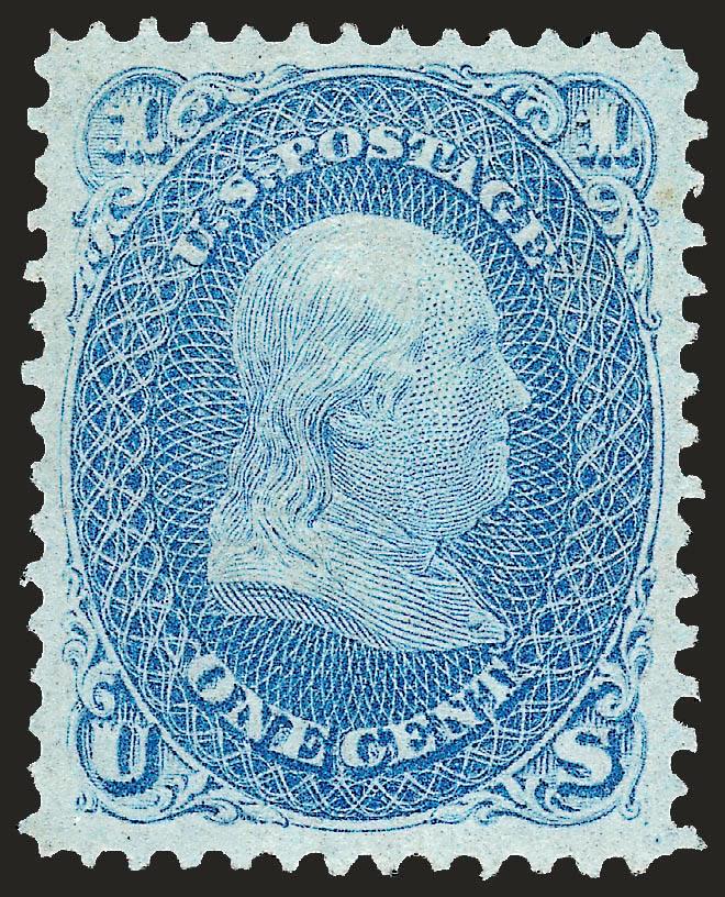 1c Blue, F. Grill (92).> Unused (no gum), magnificent margins and centering, bright color, sharp impression<><>^EXTREMELY FINE GEM. THIS IS THE ONLY UNUSED 1868 ONE-CENT F GRILL TO RECEIVE THIS LOFTY GRADE FROM
P.S.E. (WITH NONE HIGHER). A FABULOUS