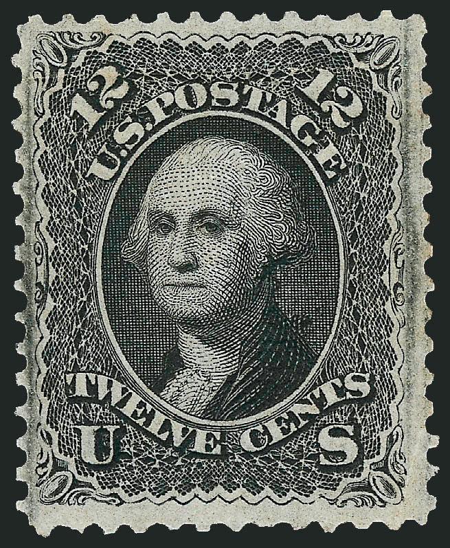 12c Black, F. Grill (97).> Original gum, unusually well-centered, intense color, typical burnishing marks in side margins, makes the left side appear as if the design is touched but in reality it is well clear,
horizontal and vertical creases, Very F