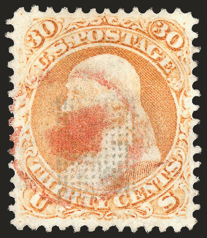 30c Orange, F. Grill (100).> Bright shade and clearly-defined grill, neat strike of altimore red dot in circle> fancy cancel, tiny thins, lightly stained, otherwise Very Fine, scarce with a fancy cancel, with
1987 P.F. certificate