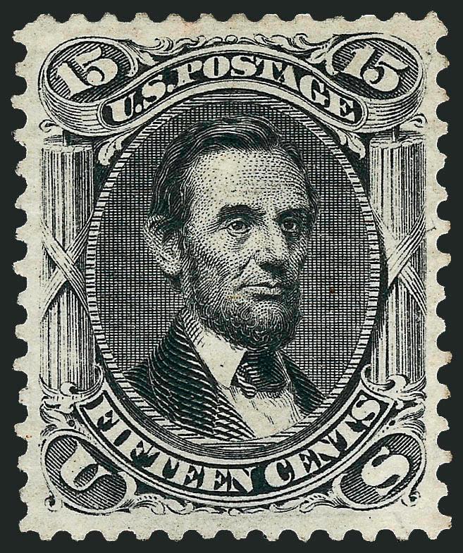 15c Black, Re-Issue (108).> Unused (no gum), magnificent centering and beautiful impression<><>^EXTREMELY FINE GEM. AN OUTSTANDING UNUSED EXAMPLE OF THE 15-CENT 1866 RE-ISSUE. ^<><>Only 397 issued. With 2008
P.S.E. certificate (XF-Superb 95 SMQ