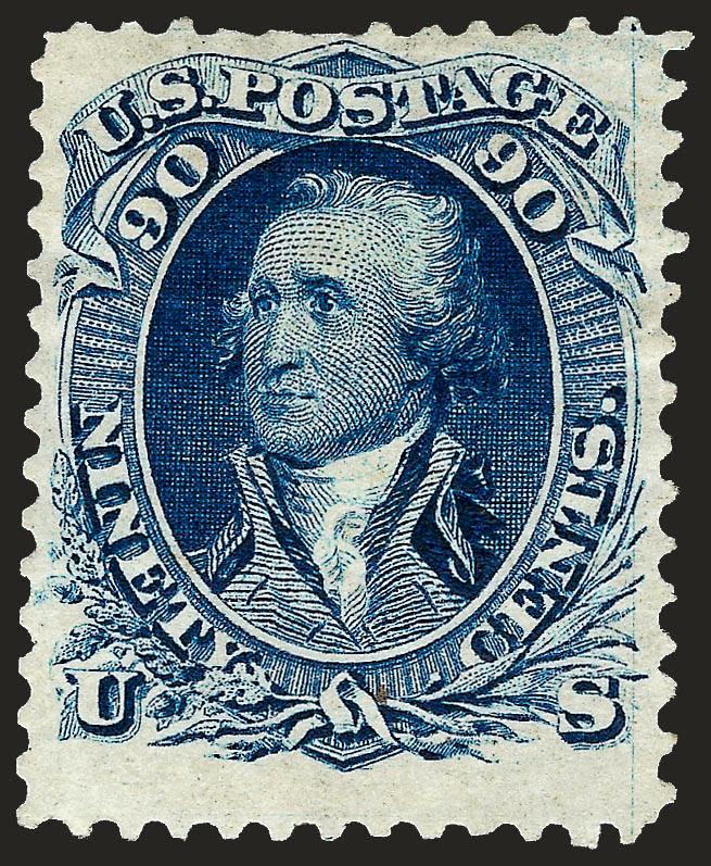90c Blue, Re-Issue (111).> Part original gum, well-centered with wide margin at bottom, bright and crisp, three short perfs at top and reperfed at left, otherwise Very Fine, rare stamp, only 317 issued, with
1974 A.P.S. certificate which does not men