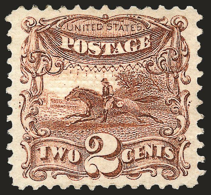 2c Brown (113).> Original gum, lightly hinged, wide margins and magnificent centering, lovely fresh color<><>^EXTREMELY FINE GEM. A MARVELOUS ORIGINAL-GUM EXAMPLE OF THE 2-CENT 1869 PICTORIAL.^<><>With 2008
P.S.E. certificate (XF-Superb 95 SMQ $