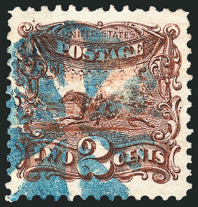 2c Brown (113).> Rich color on bright paper, enormous margins, bold strike of <blue> circle of wedges cancel, Extremely Fine, a huge stamp, with 2008 P.S.E. certificate (VF-XF 85 Jumbo SMQ $165.00 as 85,
$265.00 as 90)