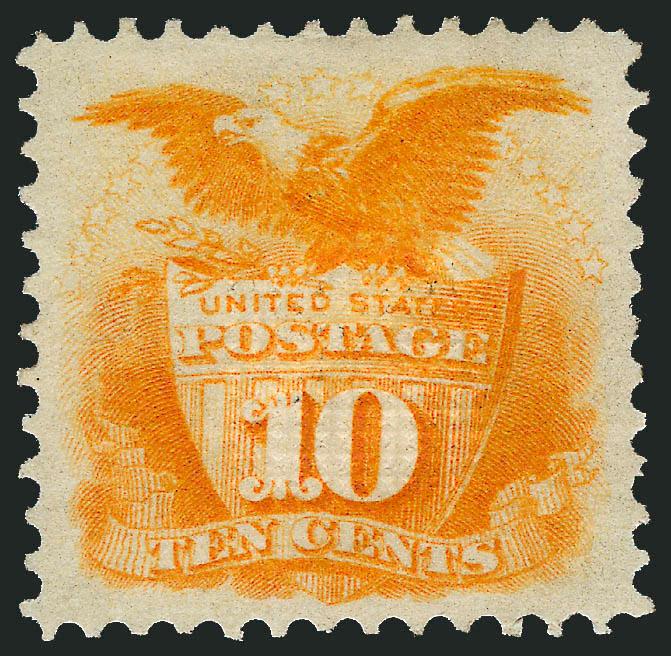 10c Yellow (116).> Original gum, barest trace of a previous hinge, exceptionally vibrant color with deep orange cast, unusually choice centering with wide balanced margins<><>^EXTREMELY FINE GEM. A BEAUTIFUL
ORIGINAL-GUM EXAMPLE OF THE 10-CENT 1869