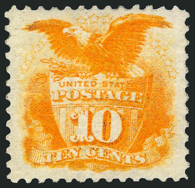 10c Yellow (116).> Original gum, lightly hinged, attractively centered with vivid golden color<><>^VERY FINE AND CHOICE. A DESIRABLE ORIGINAL-GUM EXAMPLE OF THE 10-CENT 1869 PICTORIAL ISSUE.^<><>With 1977 and
1990 P.F. and 2008 P.S.E. certificate
