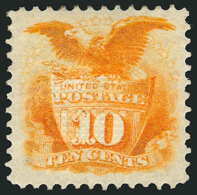 10c Yellow (116).> Original gum, single hinge mark, vivid color without any trace of the oxidation that can plague this issue, wide margins, tiny scuff at bottom left, Very Fine appearance, with 1994 P.F. and
2008 P.S.E. certificates, the former not