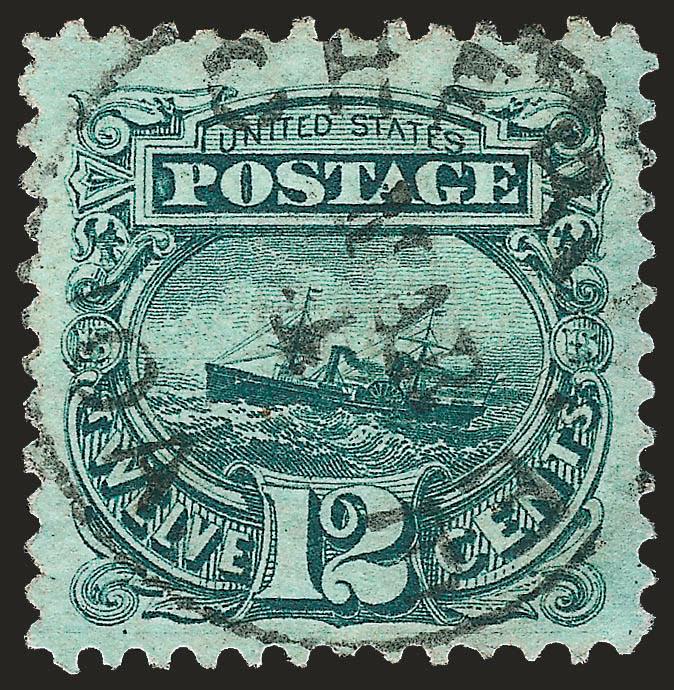 12c Green (117).> Deep rich color and sharp proof-like impression, unusually choice centering with Jumbo margins, well-struck Iowa town datestamp<><>^EXTREMELY FINE GEM. A SUPERB USED EXAMPLE OF THE 12-CENT
1869 PICTORIAL ISSUE.^<><>With 2008 P.S