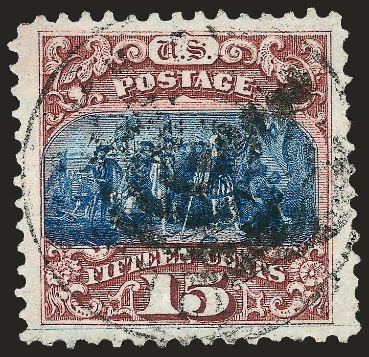 15c Brown & Blue, Ty. I (118).> Unbelievably wide Jumbo margins and with excellent centering, light circular datestamp and target cancels<><>^EXTREMELY FINE. A MAGNIFICENT JUMBO-MARGINED USED EXAMPLE OF THE
15-CENT TYPE I 1869 PICTORIAL ISSUE..^<>