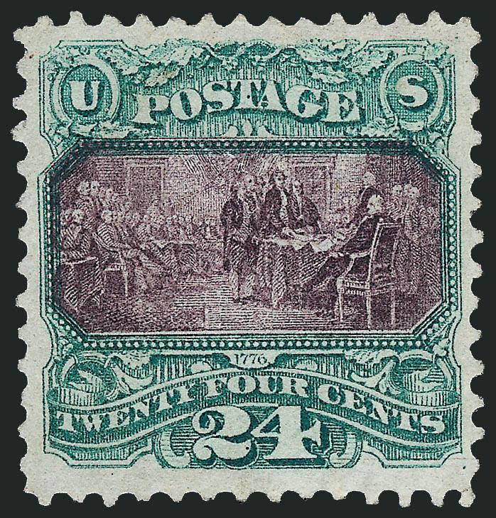 24c Green & Violet (120).> Unused (no gum), rich colors and proof-like impressions, well-proportioned margins<><>^VERY FINE AND CHOICE UNUSED EXAMPLE OF THE 24-CENT 1869 PICTORIAL ISSUE.^<><>With 2004 P.S.E.
certificate (VF-XF 85 SMQ $4,300.00)
