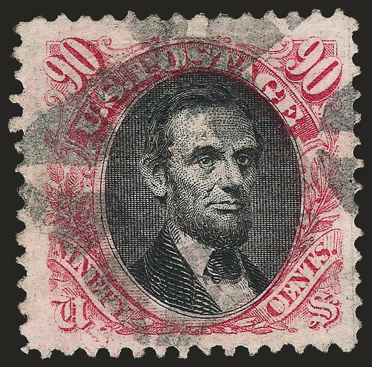 90c Carmine & Black (122).> Wide margins, bright colors, unobtrusive strike of cork cancel, tiny thin speck in top margin, appears Very Fine