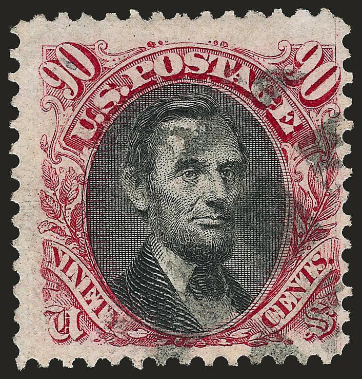 90c Carmine & Black (122).> Deep rich colors, neat strike of segmented grid cancel, tiny corner crease at bottom left, appears Fine, with 1987 P.F. certificate