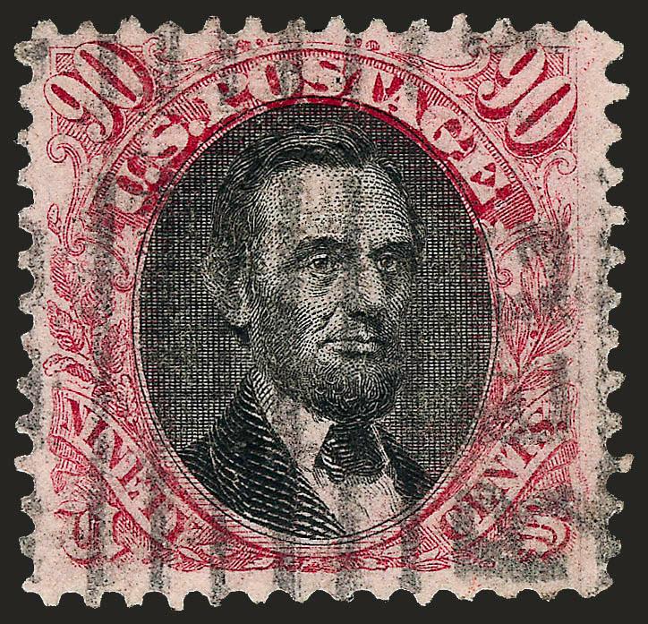 90c Carmine & Black (122).> Unusually well-centered, cancelled by scarce <vertical bars and REG reading up at right,> light corner crease, otherwise Very Fine, a difficult used stamp to find with any kind of
premium cancellation, Scott Retail as or