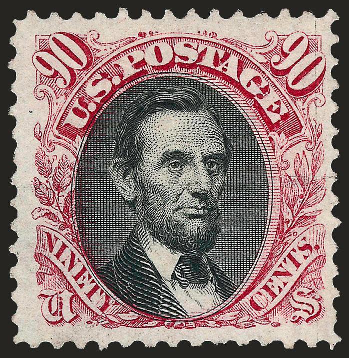 90c Carmine & Black, Without Grill (122a).> Unused (no gum), well-centered with bright frame color and intense vignette shade, tiny perf thin<><>^VERY FINE AND CHOICE APPEARANCE. THE RAREST VALUE OF THE SEVEN
DIFFERENT 1869 WITHOUT GRILL VARIETIES.