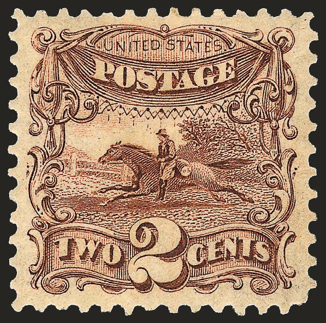 2c Brown, Re-Issue (124).> Original gum, barely hinged, uncharacteristically wide margins and magnificent centering, sharp impression<><>^EXTREMELY FINE GEM. A VERY HANDSOME EXAMPLE OF THE 2-CENT 1869 PICTORIAL
RE-ISSUE.^<><>With 2008 P.S.E. cert