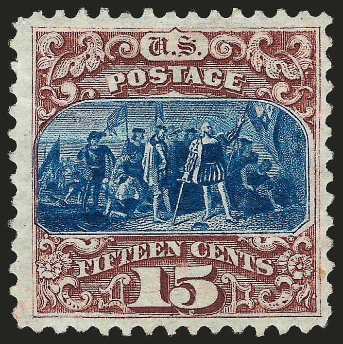 15c Brown & Blue, Re-Issue (129).> Unused (no gum), rich colors, proof-like impressions, trivial thin spot at top left corner, Very Fine appearance