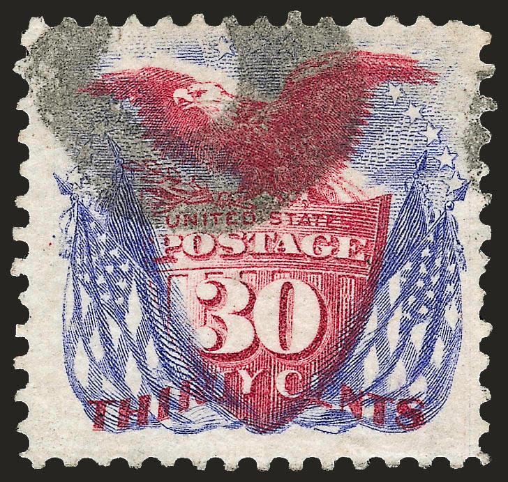 30c Blue & Carmine, Re-Issue (131).> Wonderfully well-centered,wide margins, large O cork cancel, small corner crease and tiny tear at top left, otherwise Extremely Fine, scarce in used condition